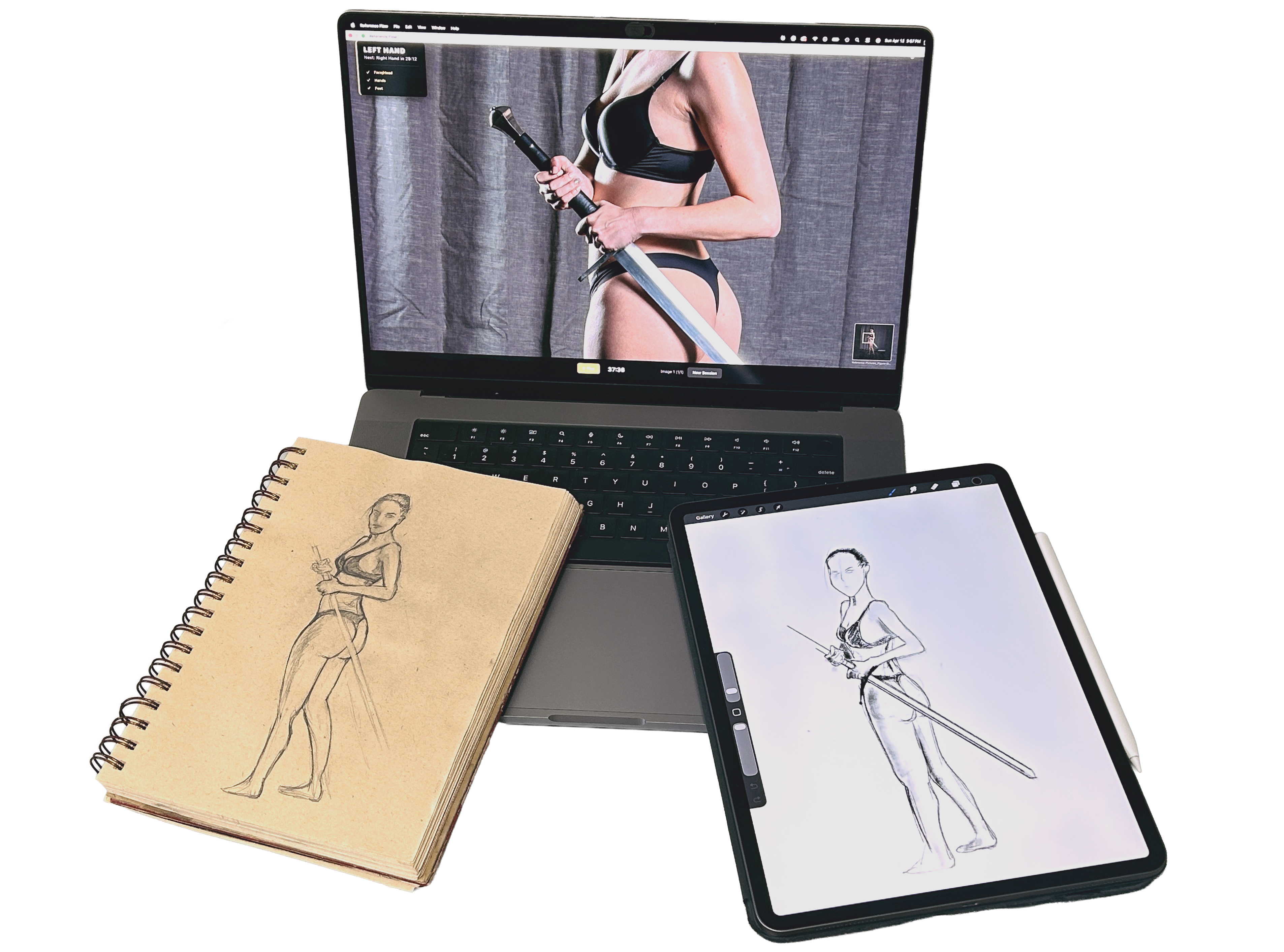 Reference Flow being used alongside a sketchbook drawing on paper and a tablet drawing.