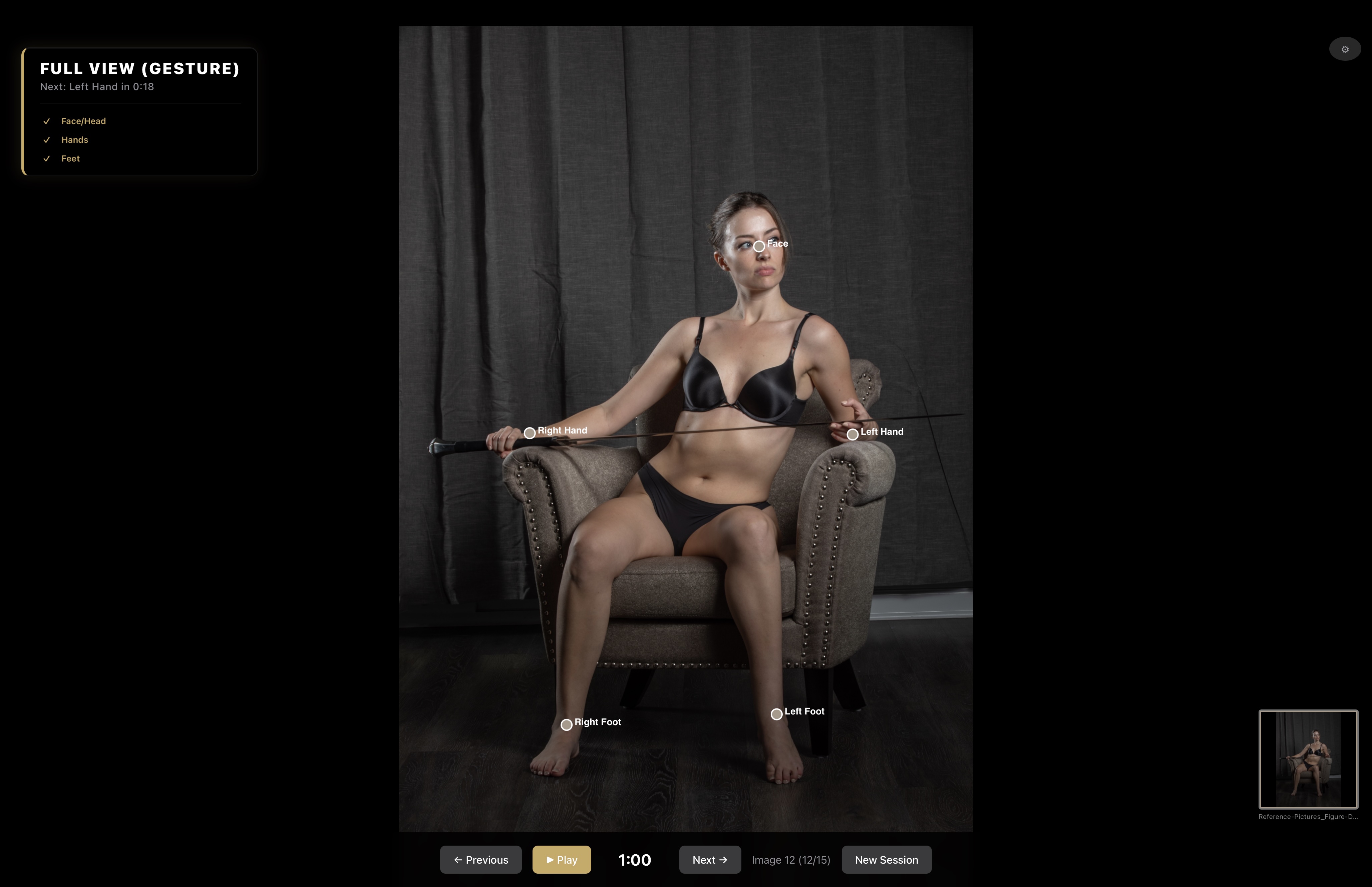 Reference Flow showing a seated chair pose with body-part markers.