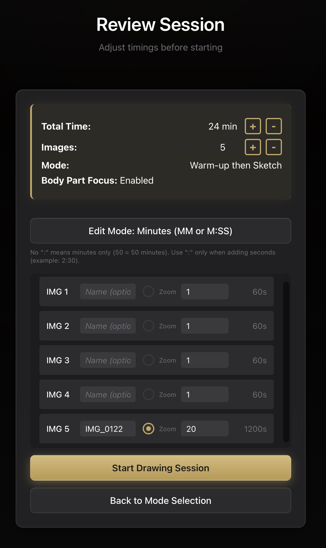 Reference Flow review screen with editable image durations and body-part focus enabled.